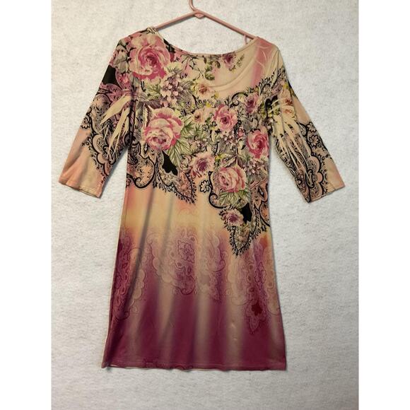 Floral Dress Womens Petite Small Pink Peach Ombre 3/4 Sleeve Stretch Made USA - Picture 6 of 7